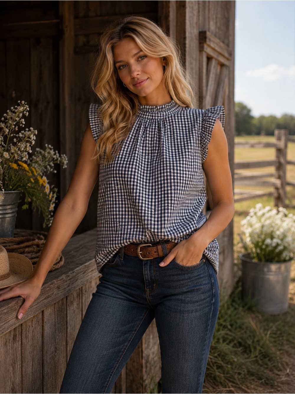 Smocked Neck Gingham Flutter Sleeve Top Medium Blue / White Lightweight